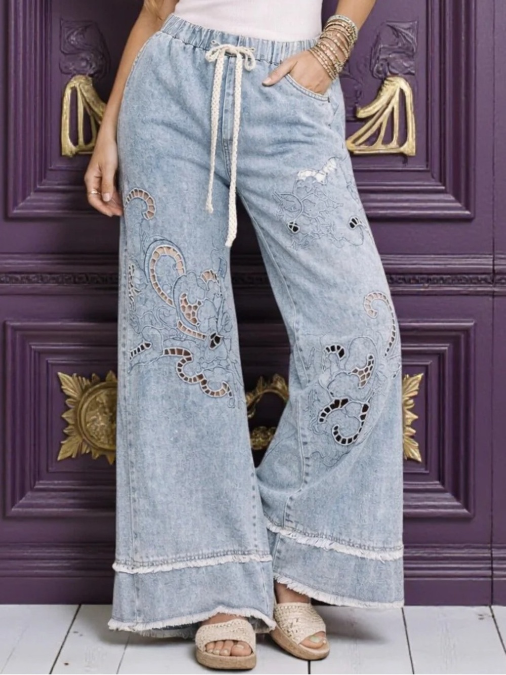 POL • Wide Leg Laser Cut Boho Jeans